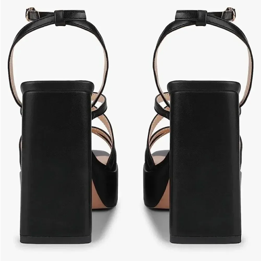 ISNOM Platform Chunky Block Heel Sandals with Open Square Toe size 7